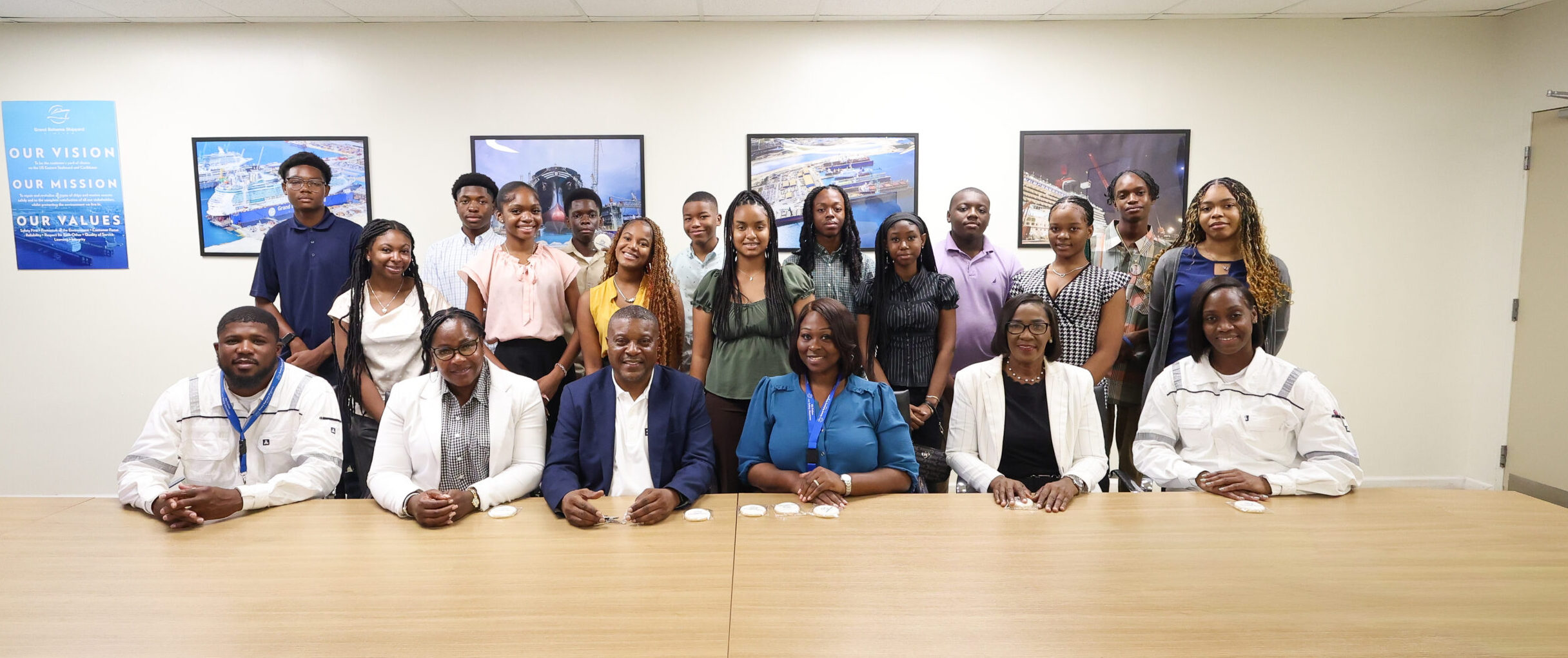 Seated From Left to Right Ashley Burnett, GBSL Project Manager Mrs. Allison Cartwright BYLD Chaperone Zhivargo Laing, Founder BYLD Solana Lightbourn, GBSL Corporate Relations Officer Ms. Pauline Bowe BYLD Advisor and Chaperone Anthoniqua Duncanson, GBSL Planner